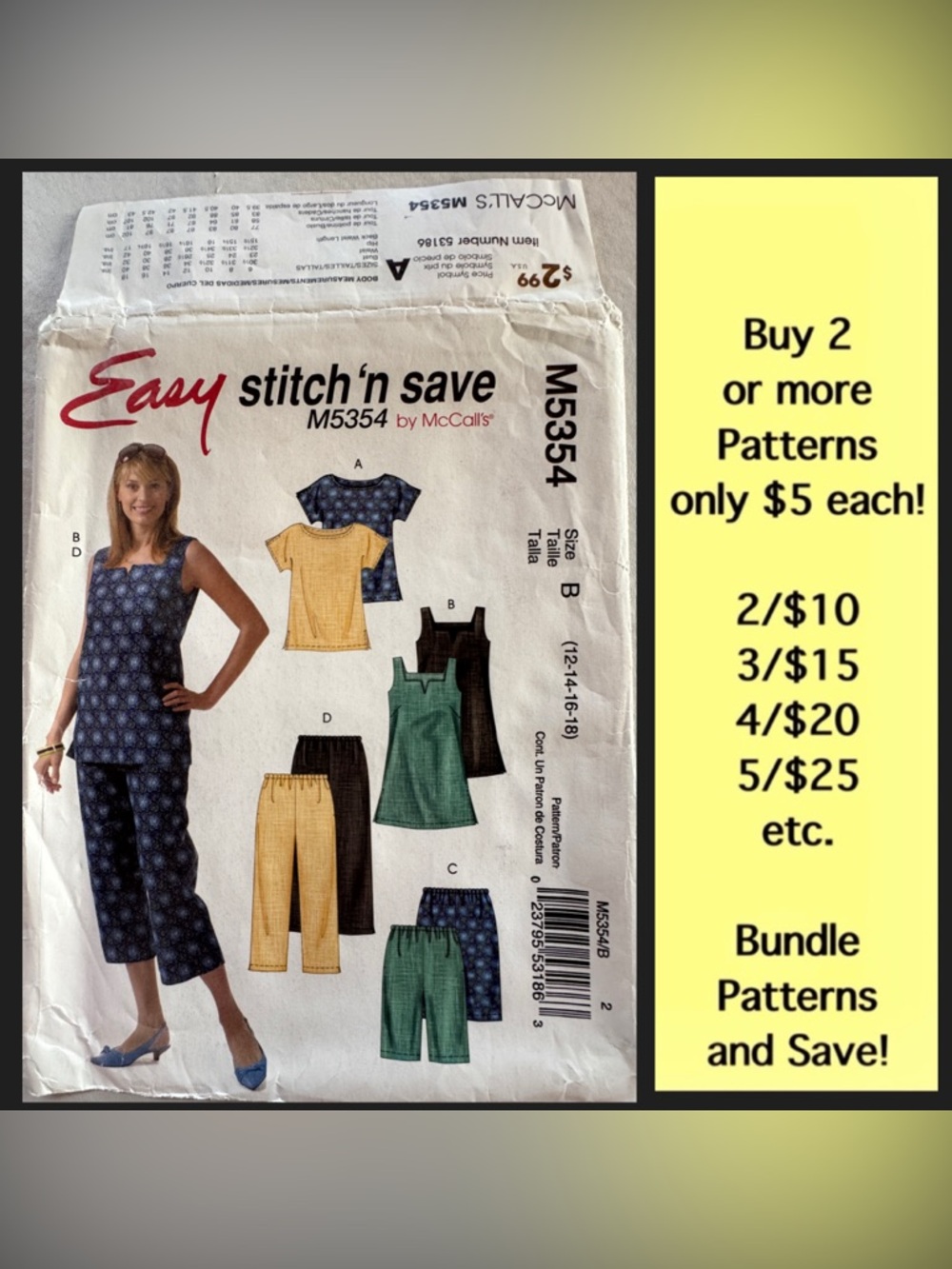 McCall’s M5354 Stitch ‘n Save Top Shorts Capri Uncut Sewing Pattern 12-14-16-18